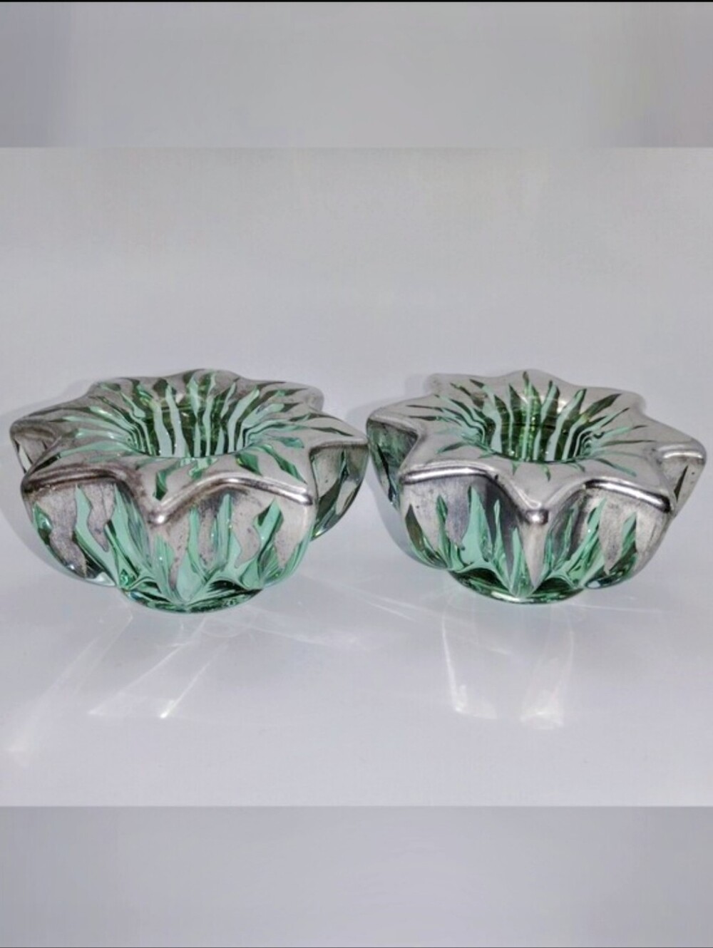 Argent 980 Overlay Saint Graal France Art Deco Fire&Ice Star Candlestick Holders